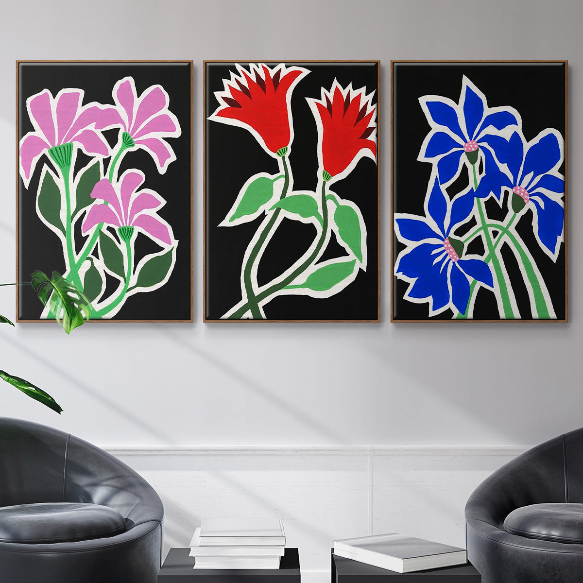 Pop Flowers IV - Framed Premium Gallery Wrapped Canvas L Frame 3 Piece Set - Ready to Hang