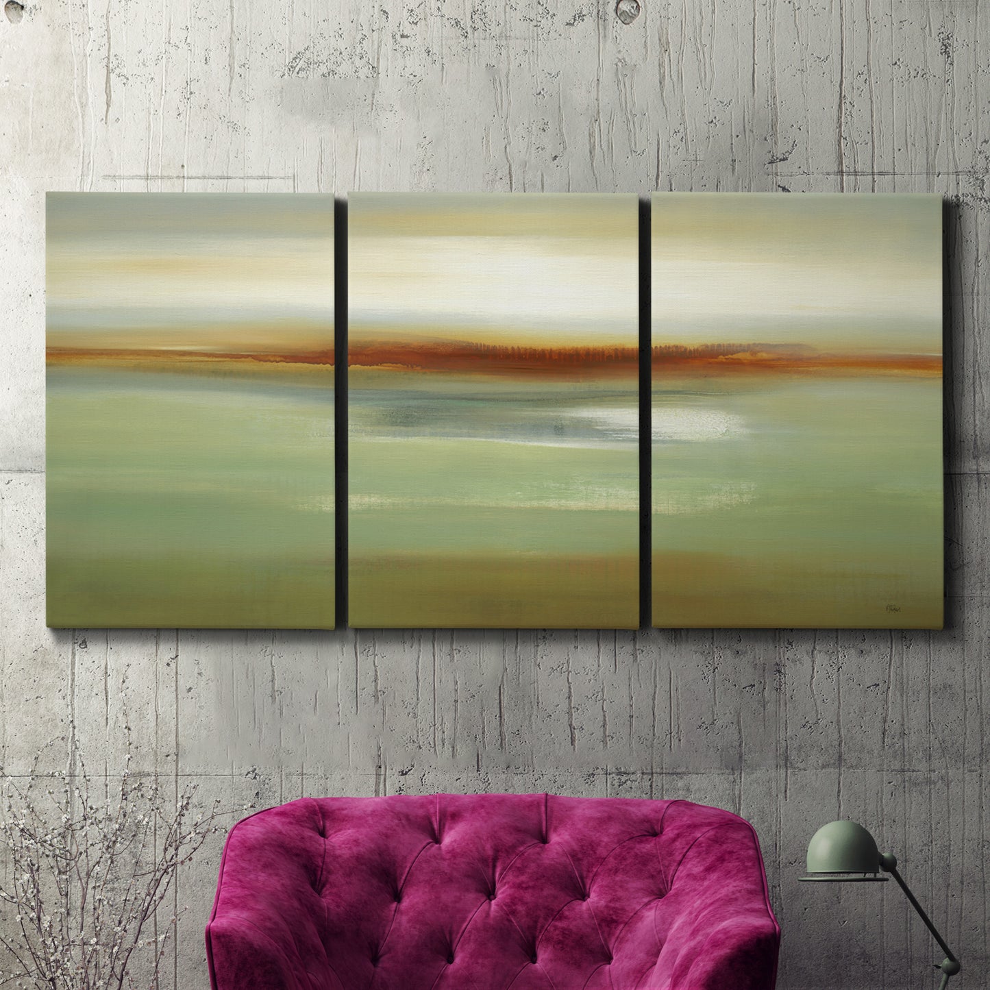 Three-panel canvas wall art featuring green focused abstract color vision, displayed in a living room above a suede accent chair.