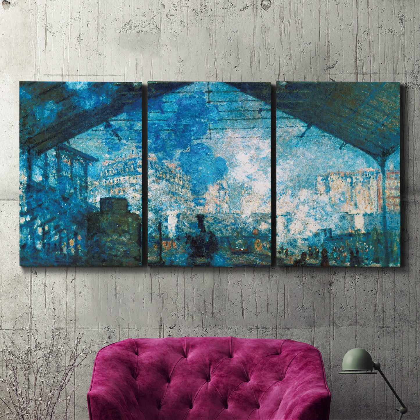 Three-panel canvas wall art featuring railway station filled with steam, displayed in a living room above a suede accent chair.