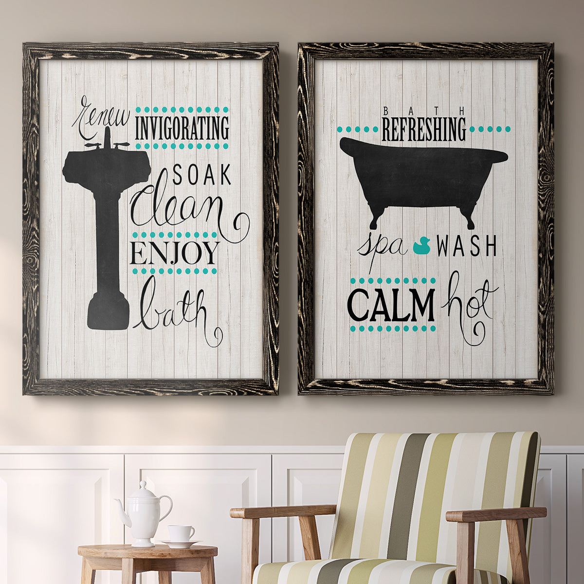 Set of two black barnwood framed canvas prints depicting two graphic bathroom word art featuring playful bathtub silhouettes and bath-themed typography above a sideboard in a cozy sitting room.