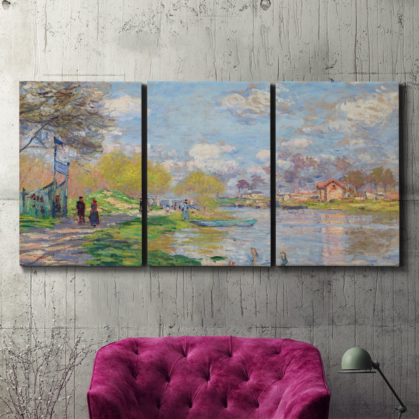 Three-panel canvas wall art featuring formal city park with trees, displayed in a living room above a suede accent chair.