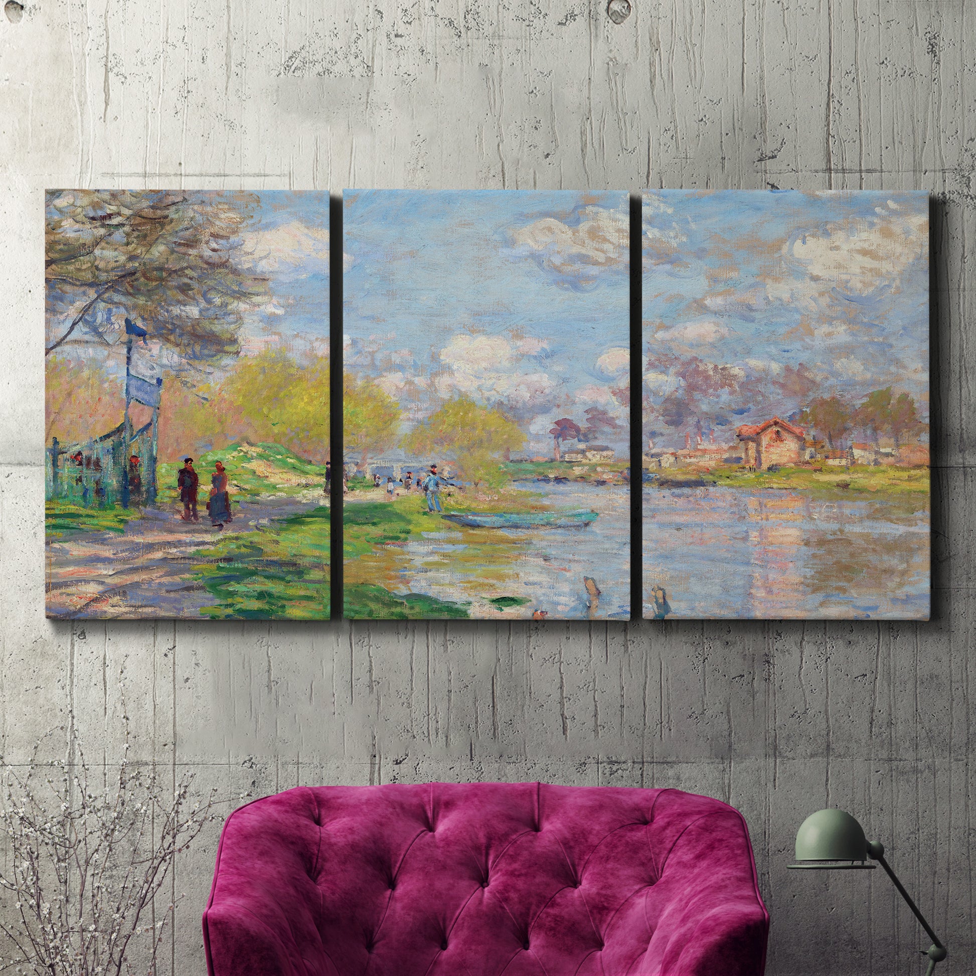Three-panel canvas wall art featuring formal city park with trees, displayed in a living room above a suede accent chair.