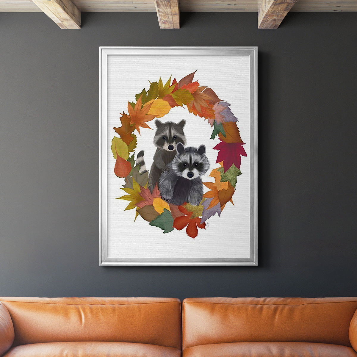 Raccoons Autumn Leaf Wreath - Modern Framed Canvas Print