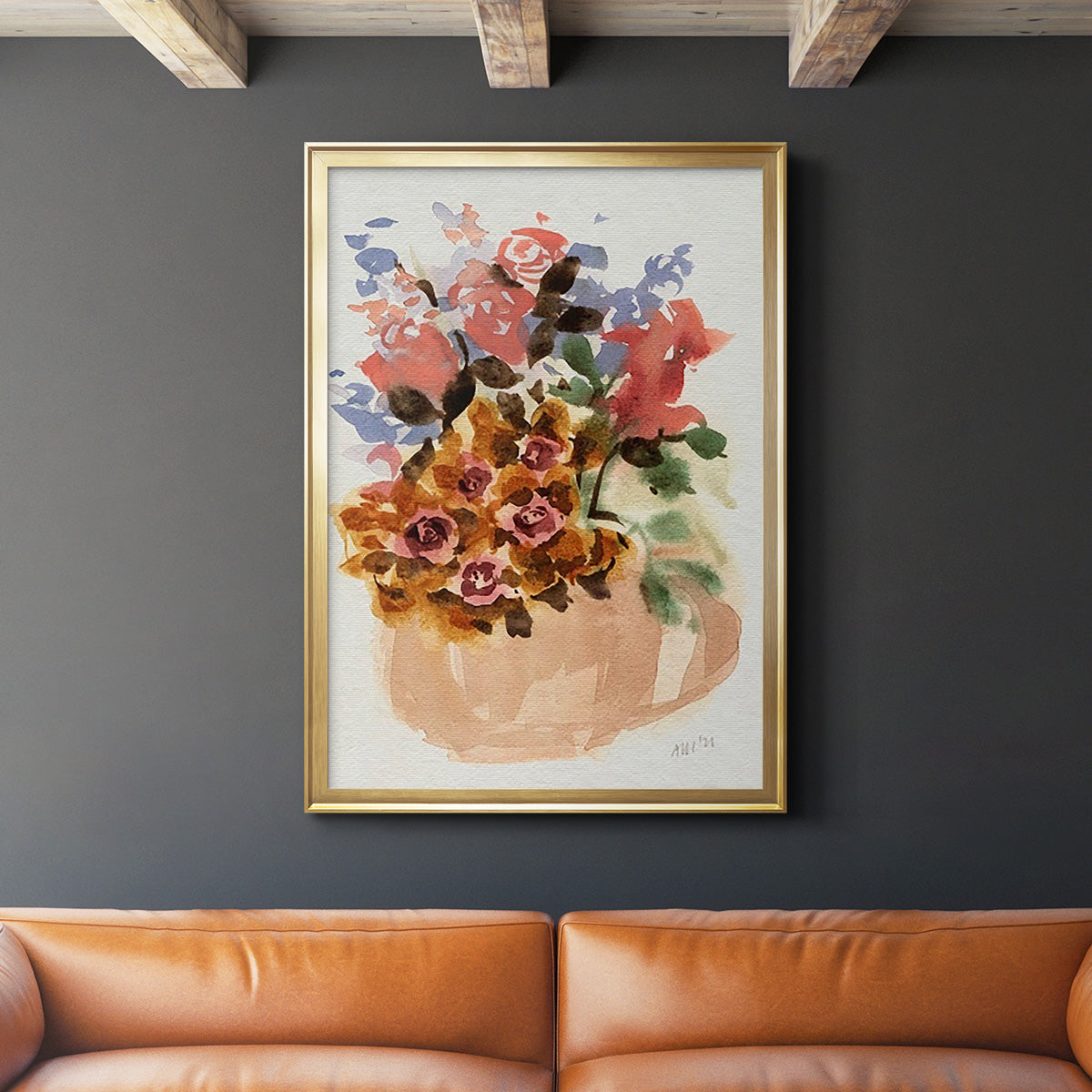 Mauve Bouquet in Teapot II - Modern Framed Canvas Print