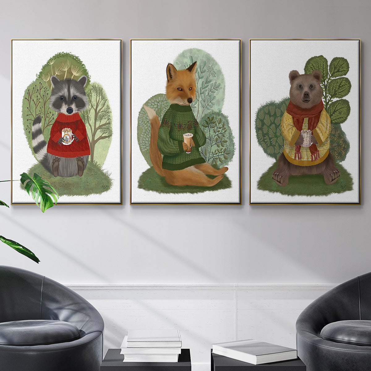 Hot Chocolate Bear - Framed Premium Gallery Wrapped Canvas L Frame 3 Piece Set - Ready to Hang