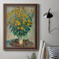 Impressionist floral painting of artichoke flowers by Claude Monet in an ornate bronzed mahogany wood frame displayed in a neutral interior setting.