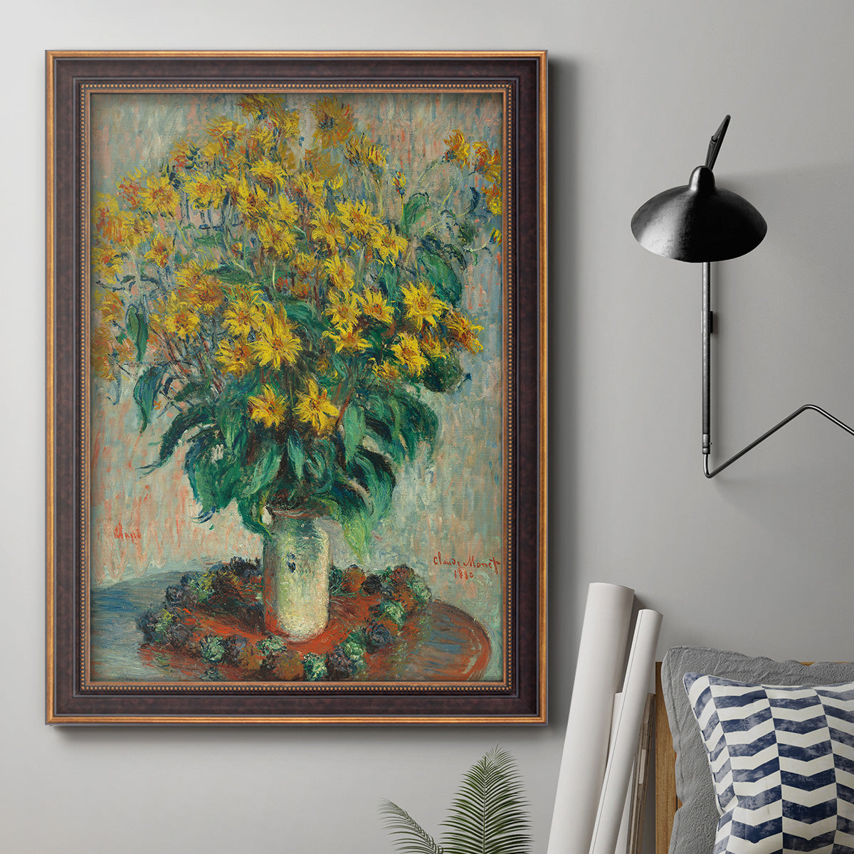 Impressionist floral painting of artichoke flowers by Claude Monet in an ornate bronzed mahogany wood frame displayed in a neutral interior setting.