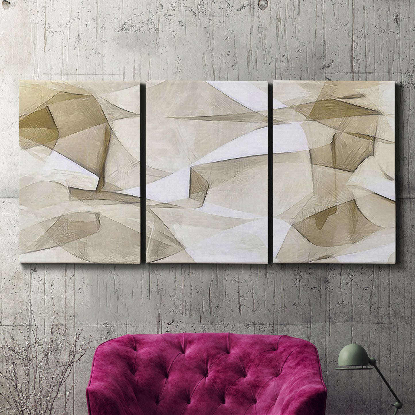 Three-panel canvas wall art featuring soft abstract meditative color balance, displayed in a living room above a suede accent chair.