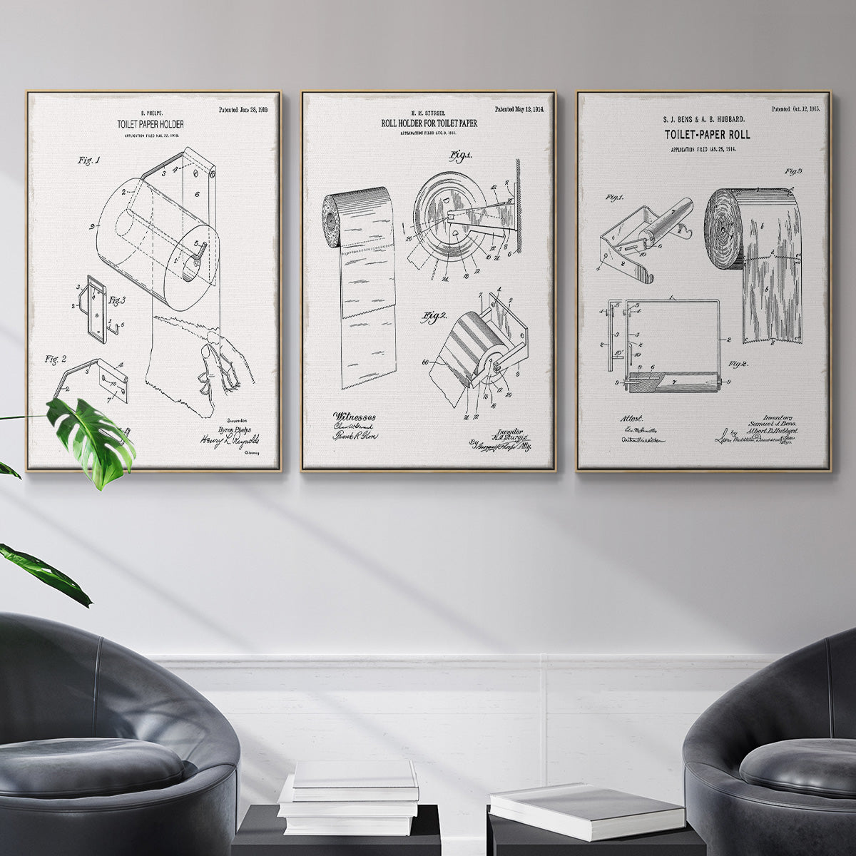 Toilet Paper Patent I - Framed Premium Gallery Wrapped Canvas L Frame 3 Piece Set - Ready to Hang