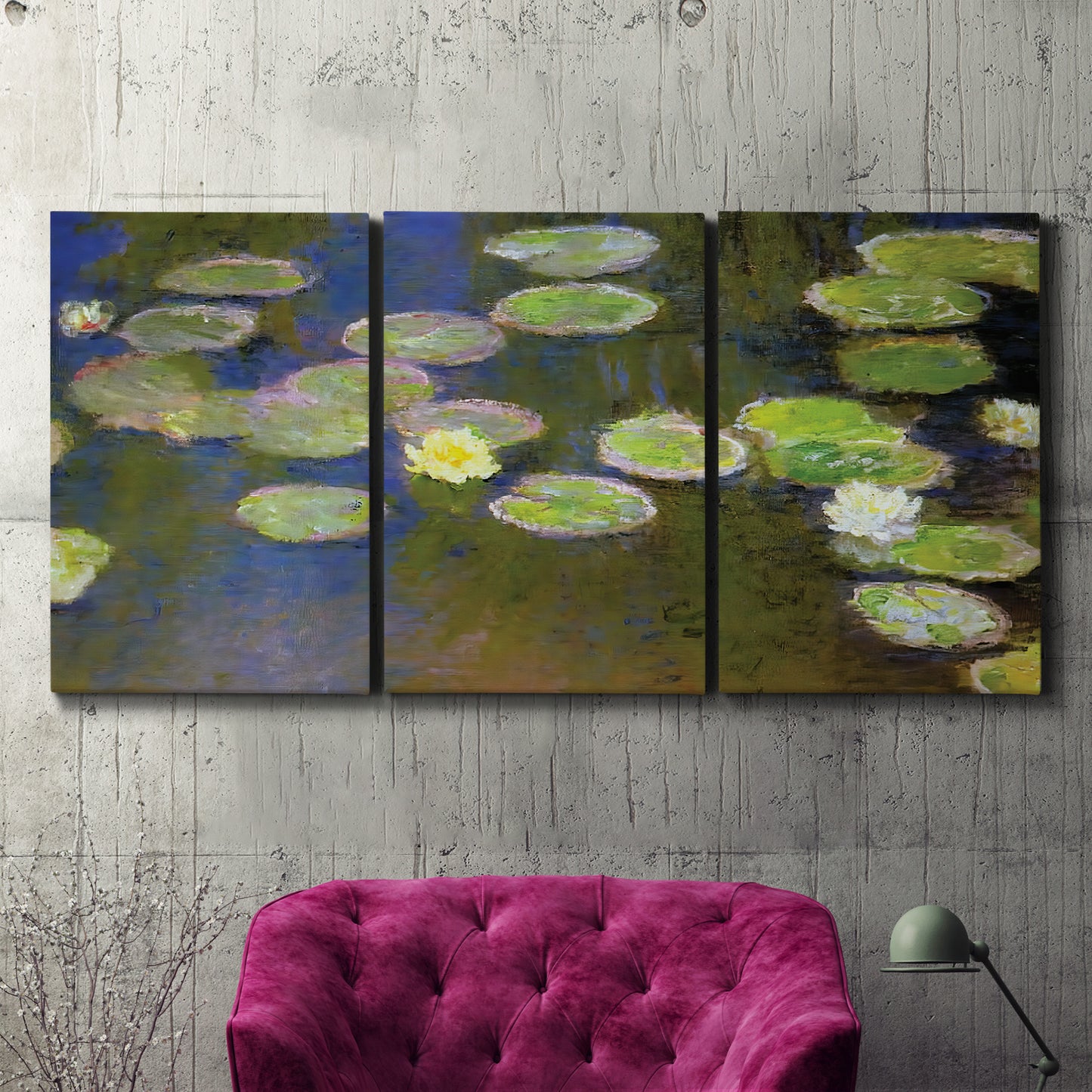 Three-panel canvas wall art featuring yellow and white water lilies, displayed in a living room above a suede accent chair.