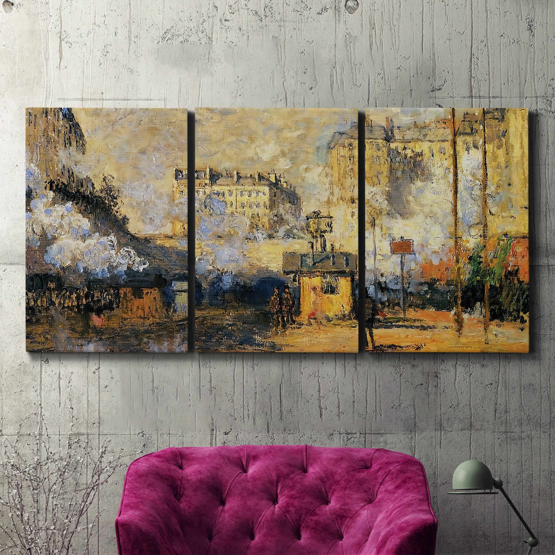 Three-panel canvas wall art featuring calm tropical shoreline at dusk, displayed in a living room above a suede accent chair.