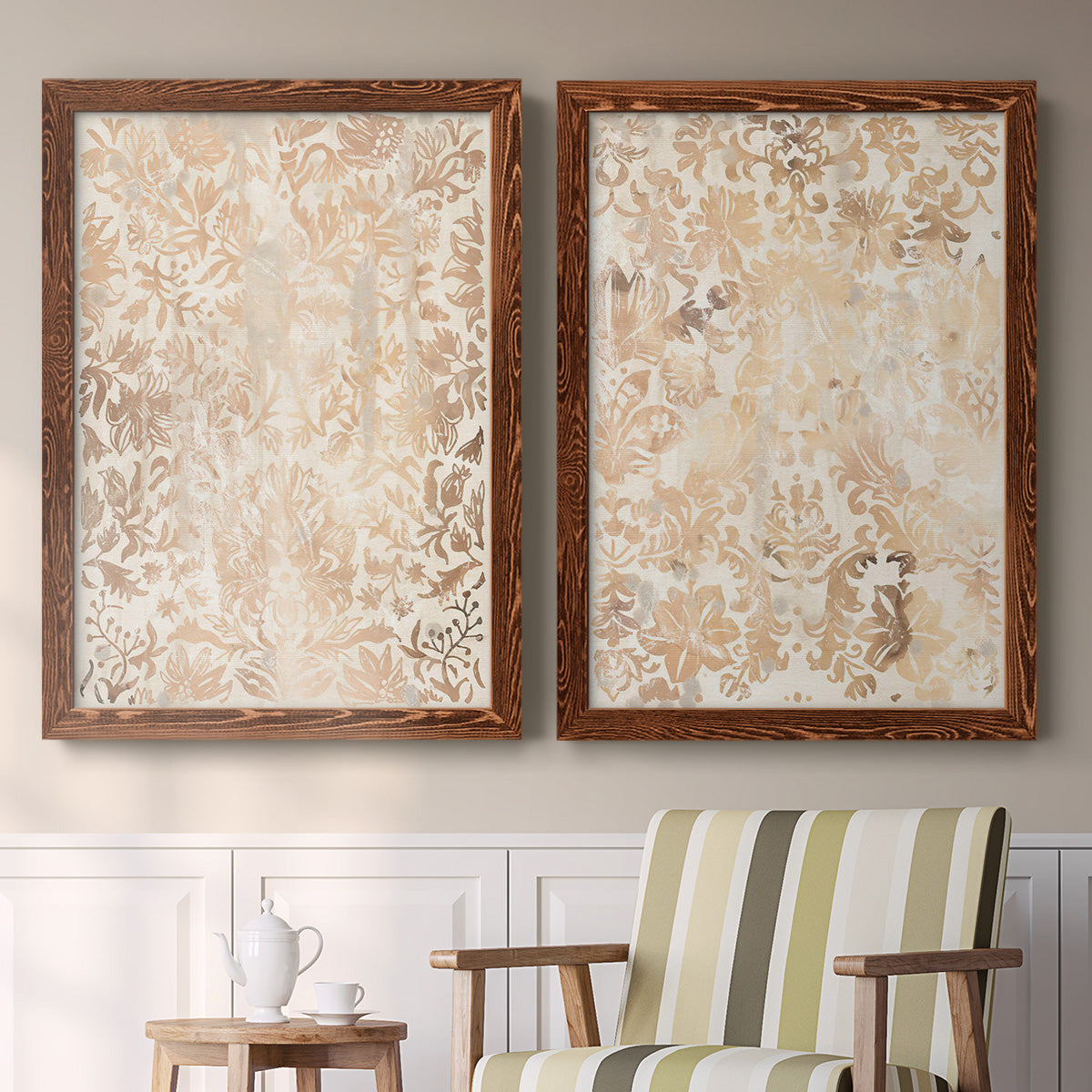 Walnut Damask I - Premium Framed Canvas 2 Piece Set - Ready to Hang