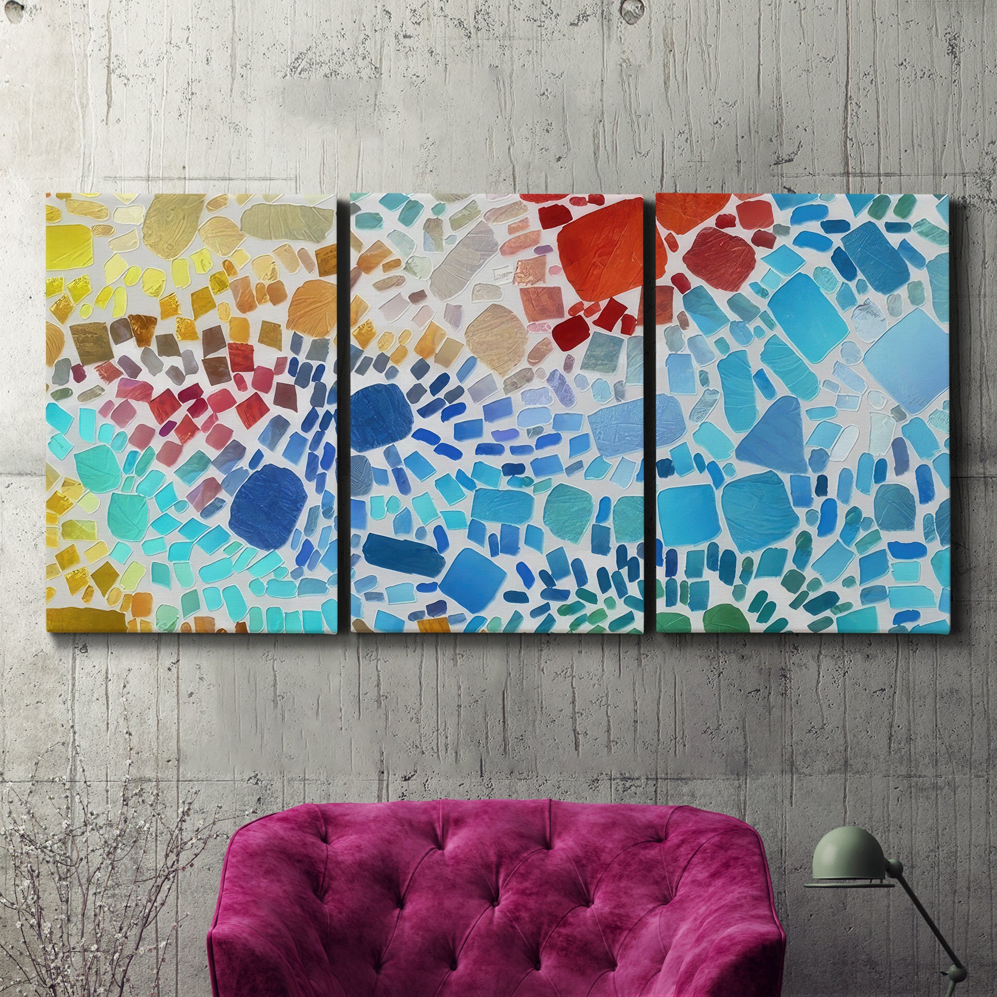 Three-panel canvas wall art featuring open landscape with landing strip, displayed in a living room above a suede accent chair.