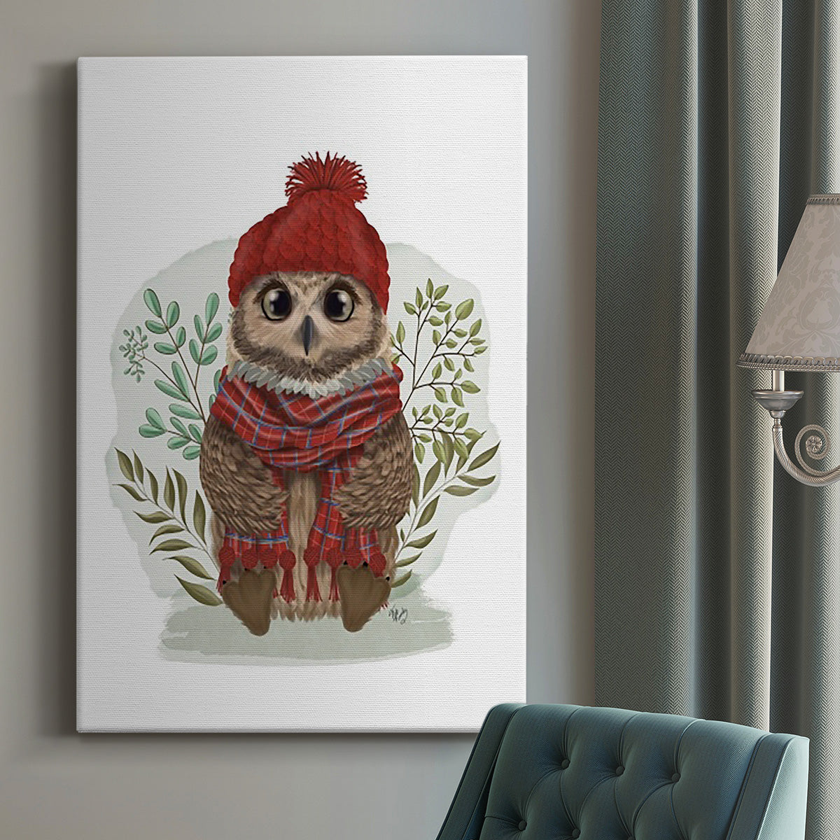 Owl in Tartan Scarf - Canvas Art Print