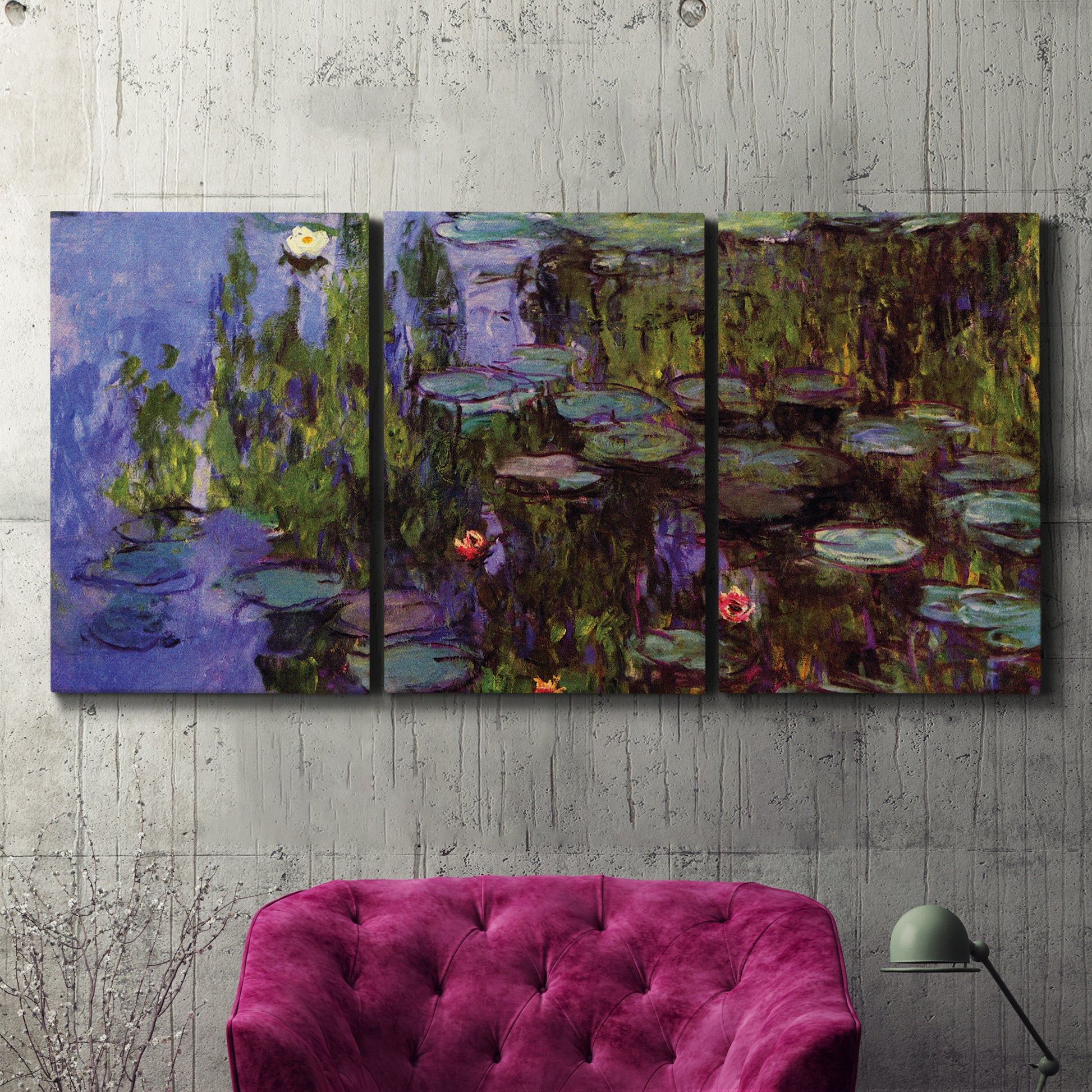 Three-panel canvas wall art featuring water lilies on calm pond, displayed in a living room above a suede accent chair.