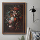 Classical floral still life painting by Jan van Huysum in an ornate bronzed mahogany wood frame displayed in a neutral interior setting.