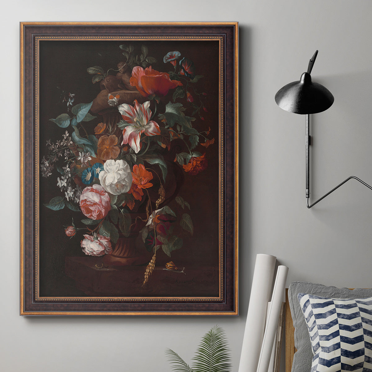 Classical floral still life painting by Jan van Huysum in an ornate bronzed mahogany wood frame displayed in a neutral interior setting.