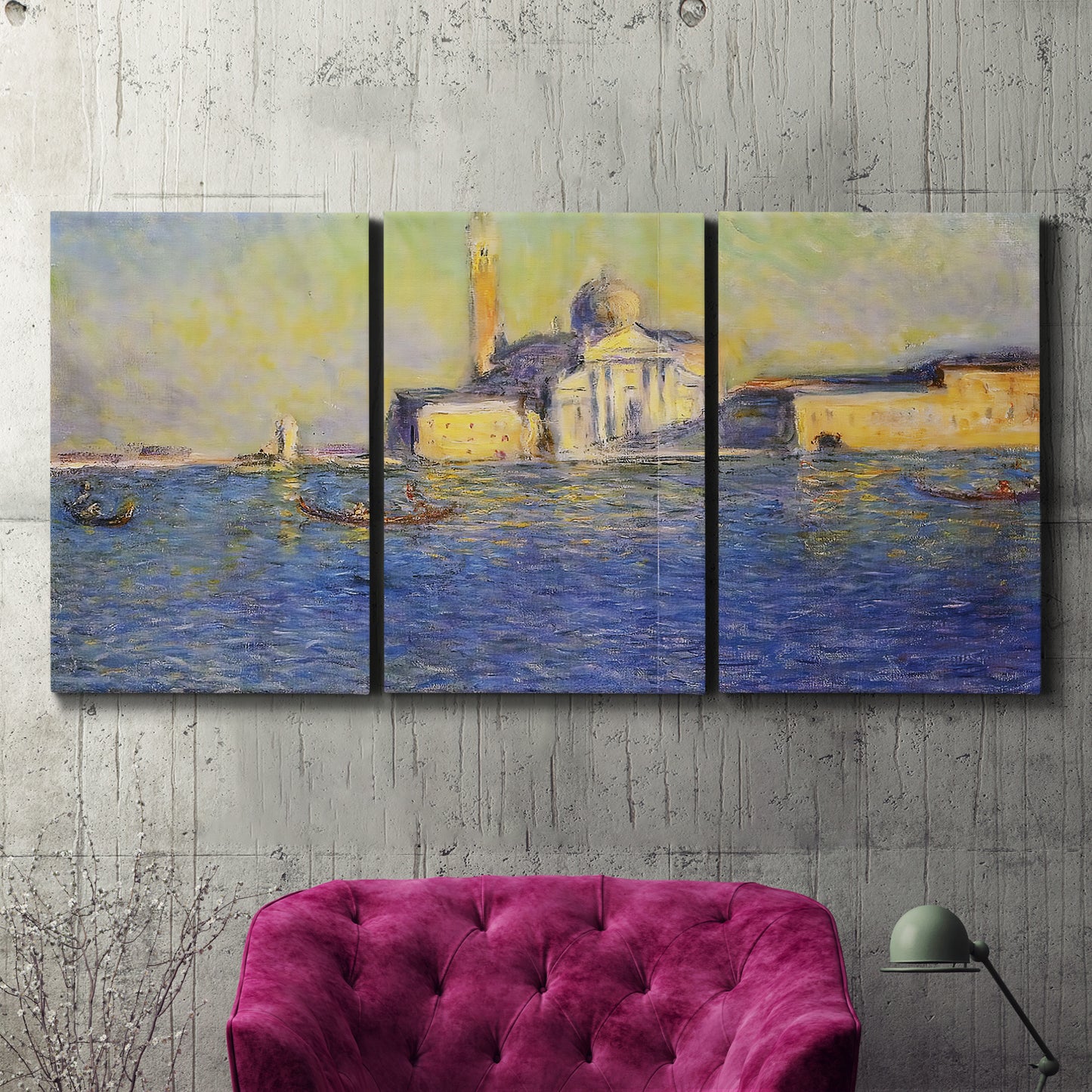 Three-panel canvas wall art featuring layered modern abstract color ribbons, displayed in a living room above a suede accent chair.