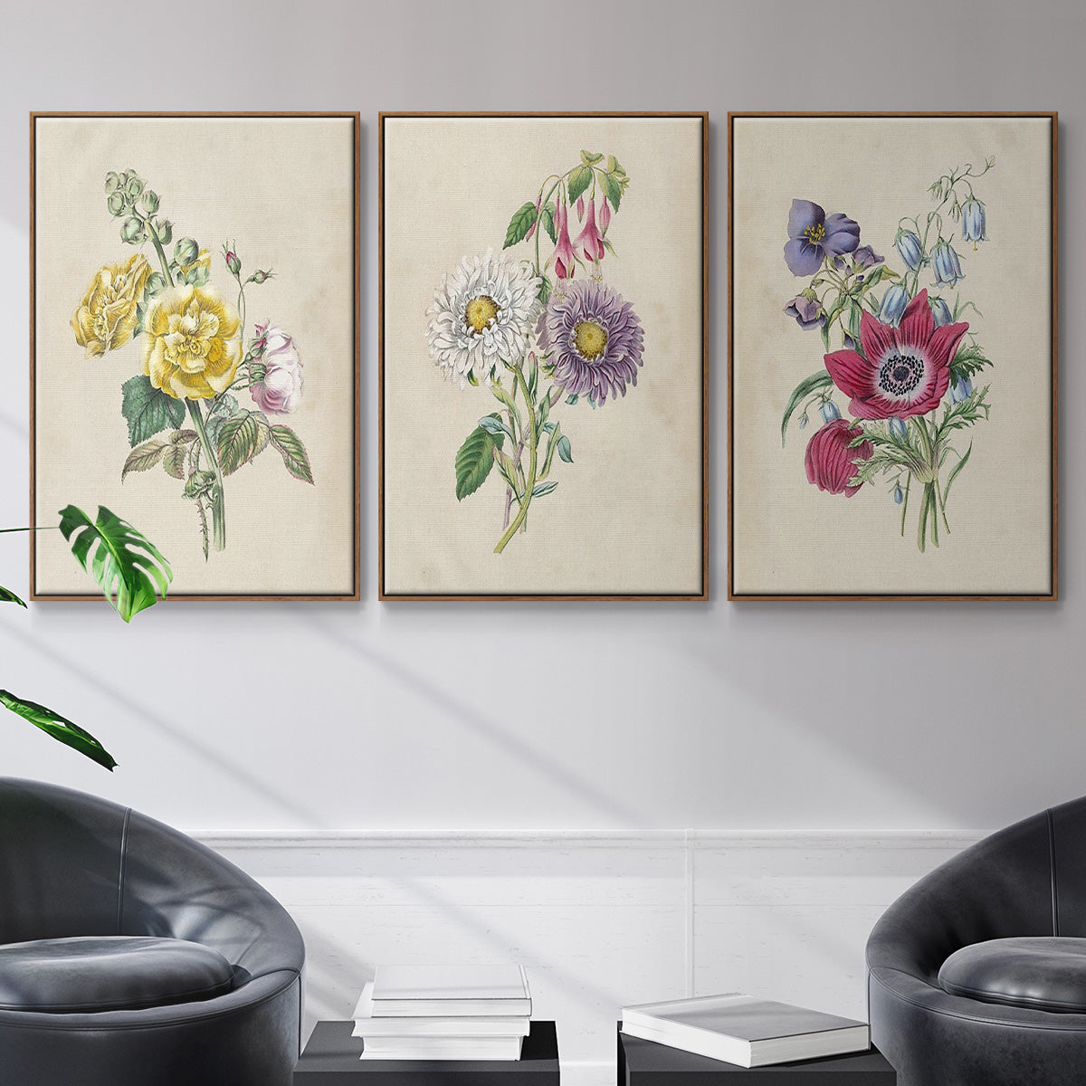 Antique Garden Bouquet I - Framed Premium Gallery Wrapped Canvas L Frame 3 Piece Set - Ready to Hang