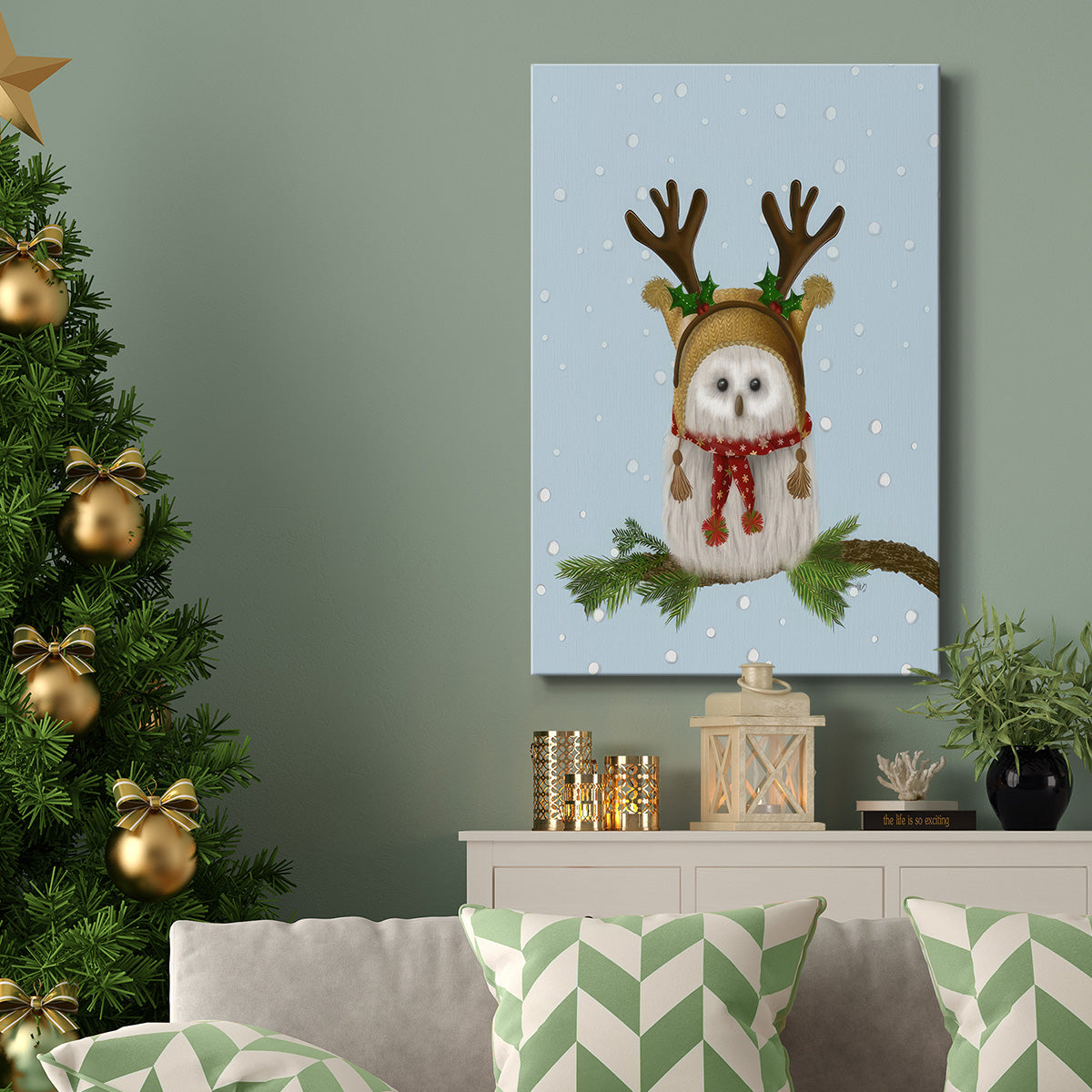 Christmas Fluffy Owl and Antlers - Gallery Wrapped Canvas