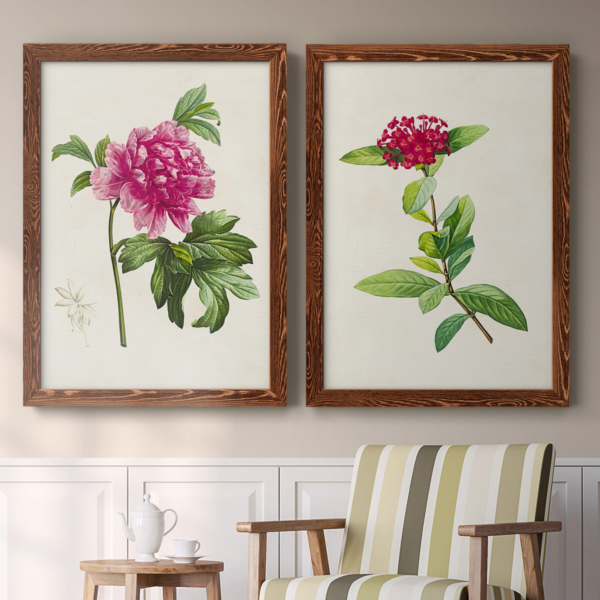 Set of two maple barnwood framed canvas prints depicting two vintage botanical plate illustrations featuring pink flowering plant specimens above a sideboard in a cozy sitting room.