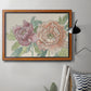 Modern peony floral drawing in an ornate vintage burl wood frame displayed in a neutral interior setting.