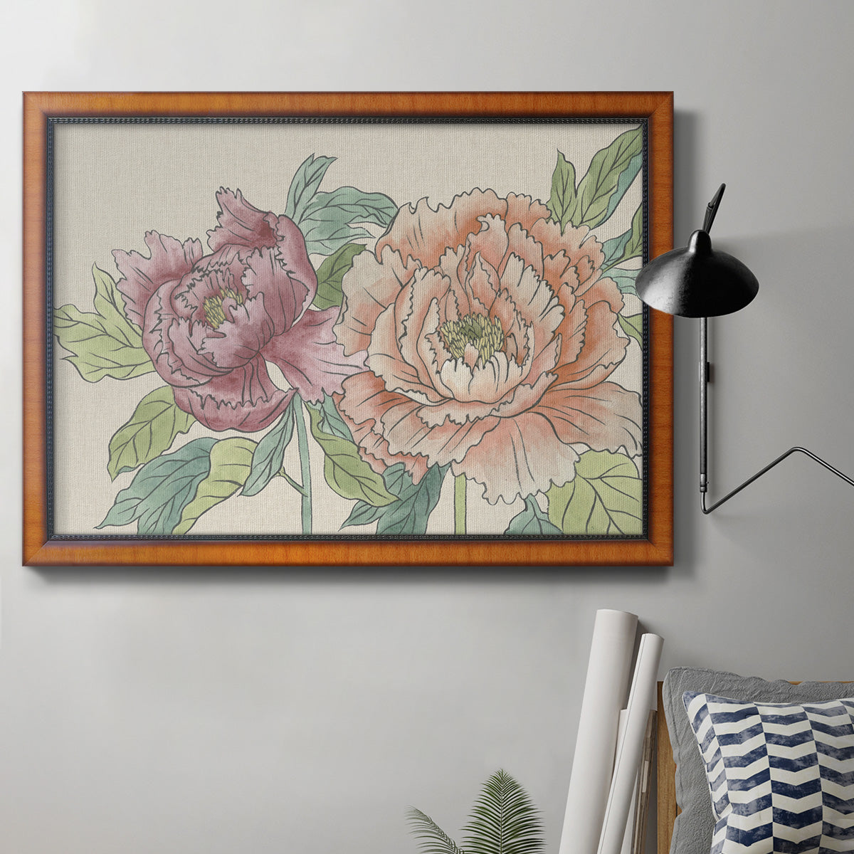 Modern peony floral drawing in an ornate vintage burl wood frame displayed in a neutral interior setting.