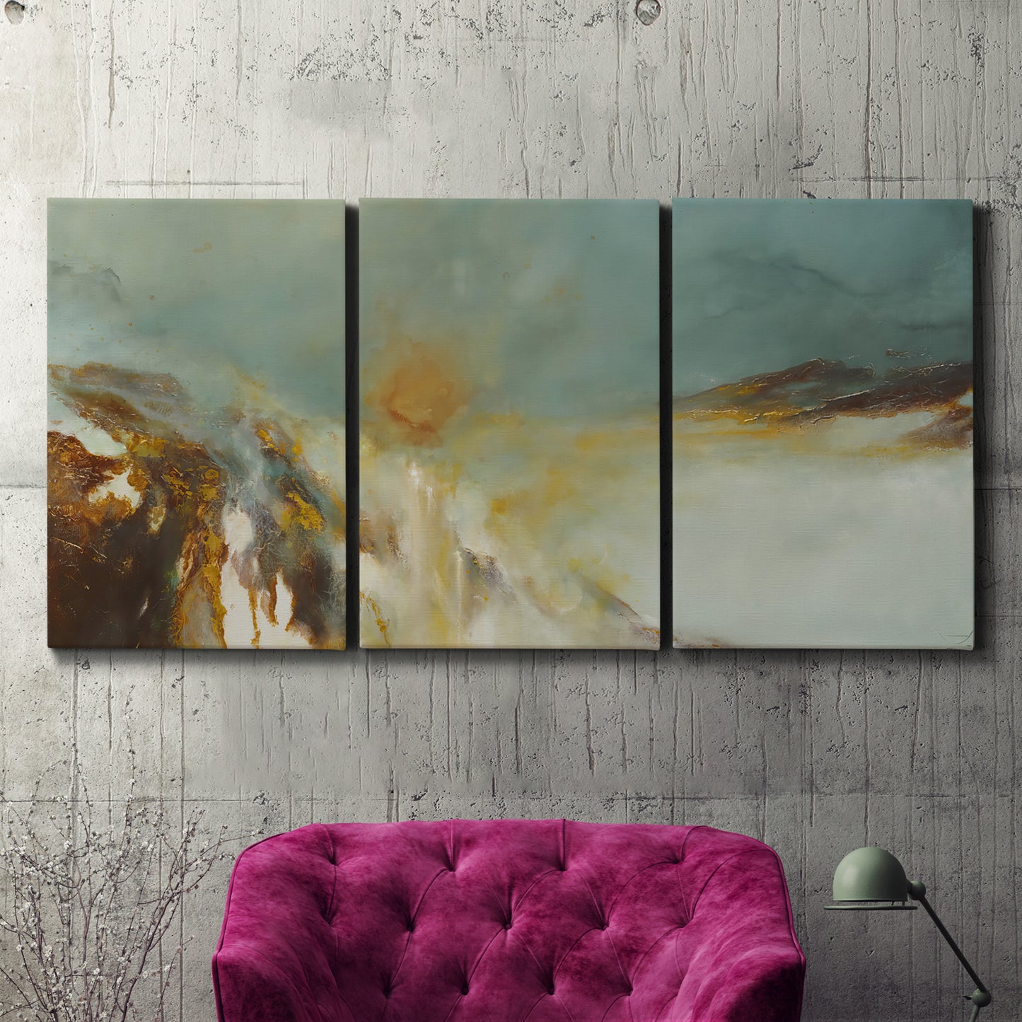 Three-panel canvas wall art featuring earth toned abstract solar landscape, displayed in a living room above a suede accent chair.