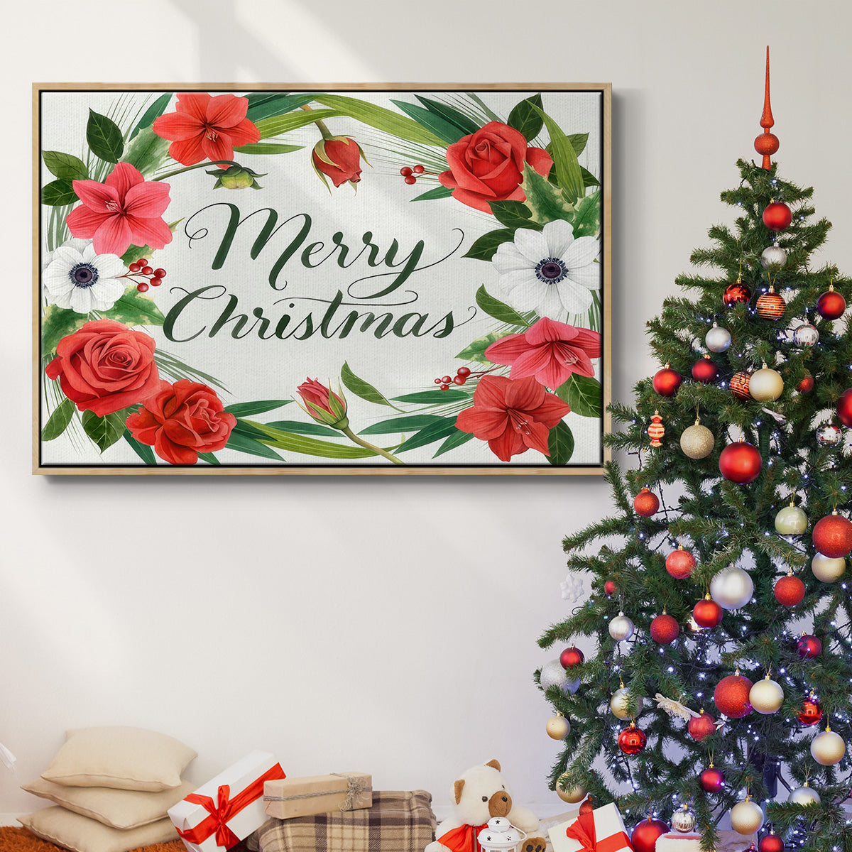 Christmas Flora Wreath Collection A - Framed Gallery Wrapped Canvas in Floating Frame