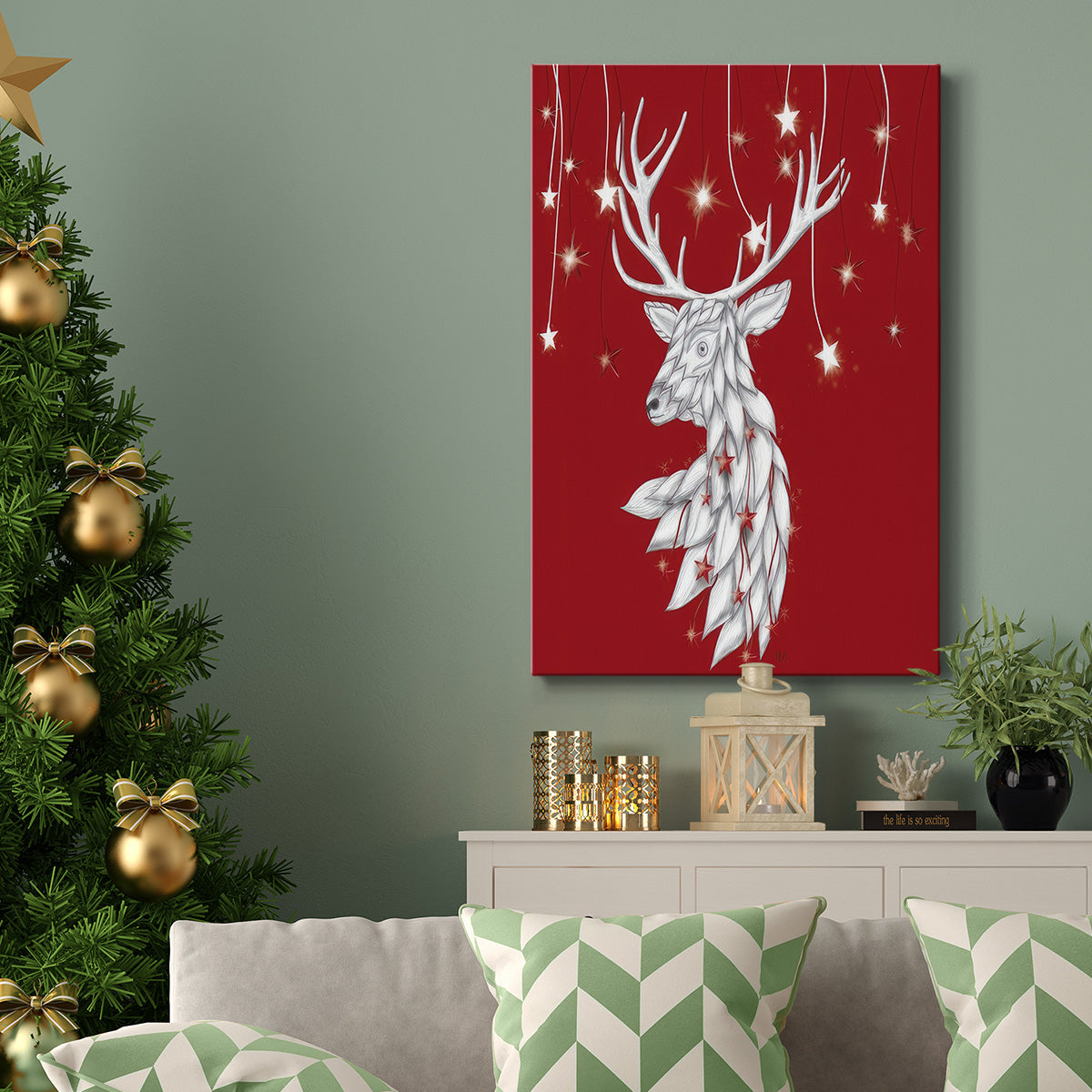 White Deer and Hanging Stars - Gallery Wrapped Canvas