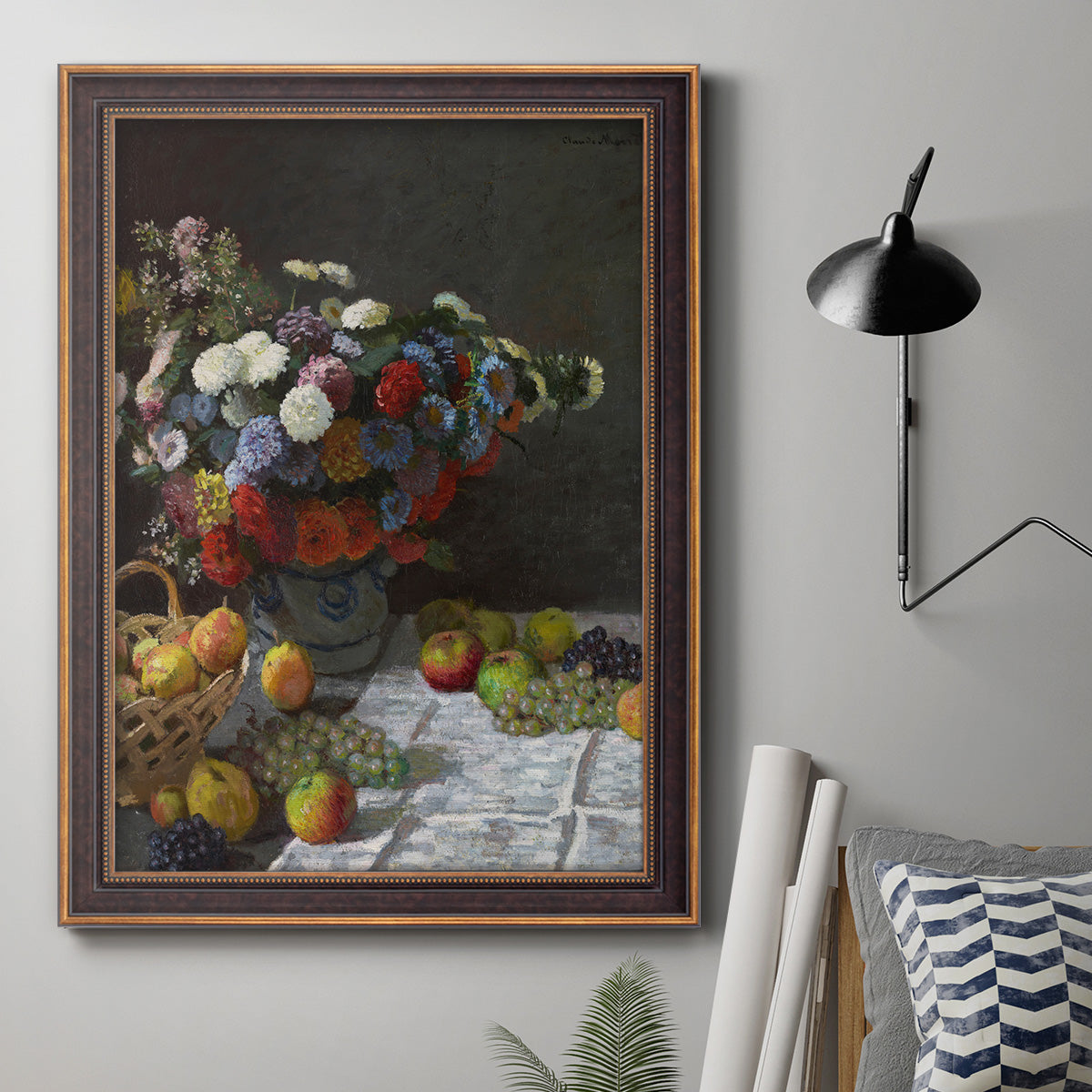 Impressionist floral still life painting by Claude Monet in an ornate bronzed mahogany wood frame displayed in a neutral interior setting.