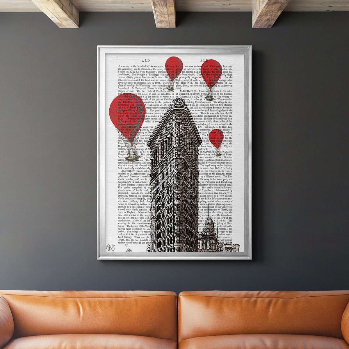Flat Iron Building and Red Hot Air Balloons - Modern Framed Canvas Print
