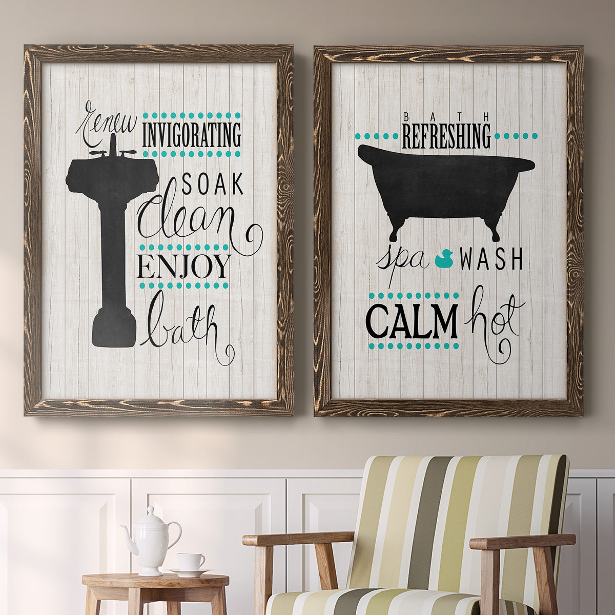 Set of two walnut barnwood framed canvas prints depicting two graphic bathroom word art featuring playful bathtub silhouettes and bath-themed typography above a sideboard in a cozy sitting room.