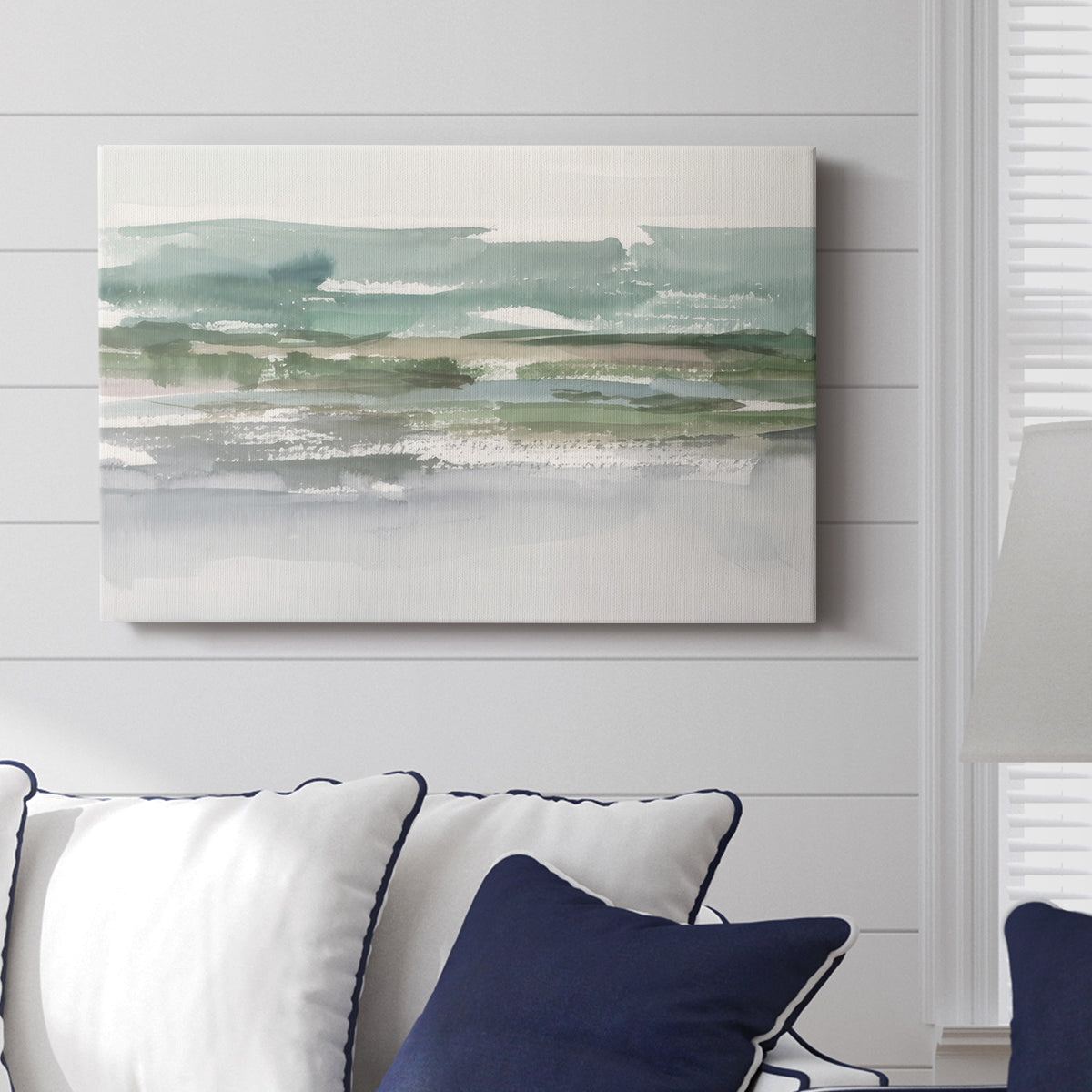 Abstract landscape depicting serene water and rolling hills under soft, muted tones capturing peaceful natural beauty