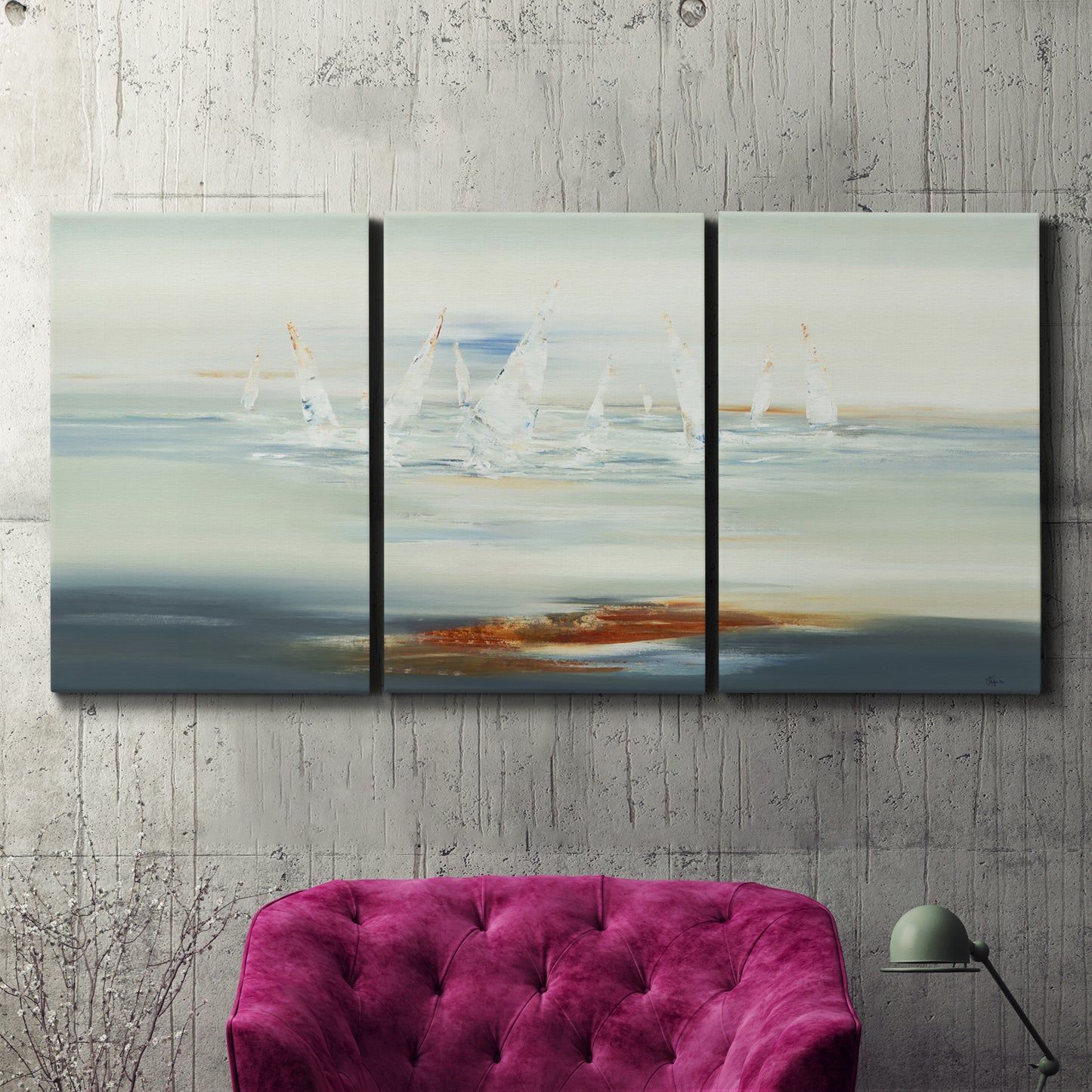 Three-panel canvas wall art featuring nautical abstract suggesting drifting calm, displayed in a living room above a suede accent chair.
