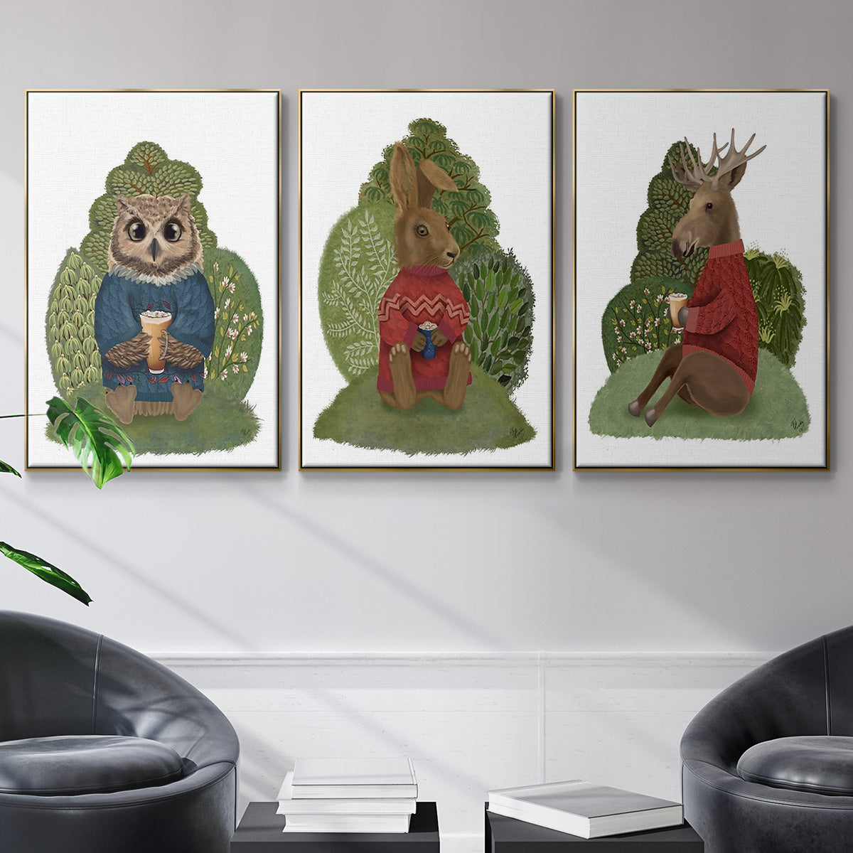 Latte Moose in Sweater - Framed Premium Gallery Wrapped Canvas L Frame 3 Piece Set - Ready to Hang