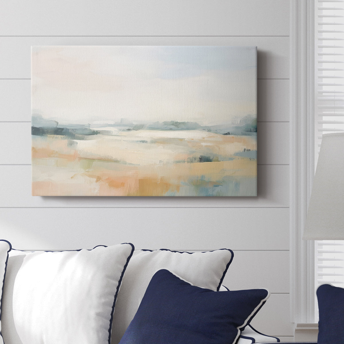 Soft pastel landscape painting with gentle hills and a serene sky at dusk