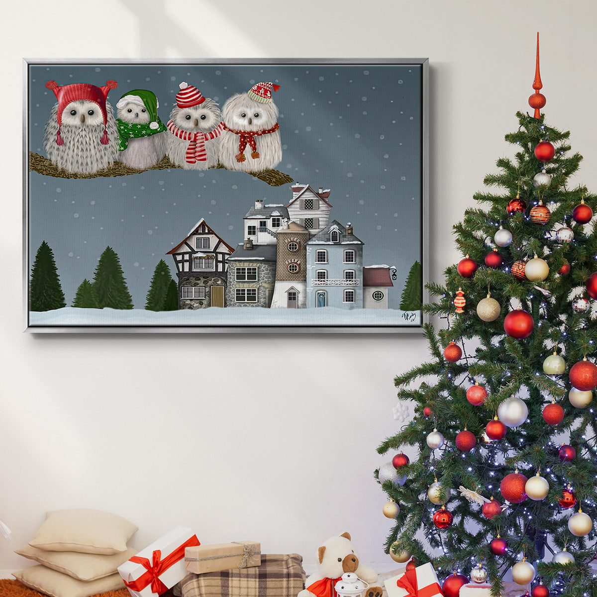 Christmas Christmas Owl Village - Framed Gallery Wrapped Canvas in Floating Frame