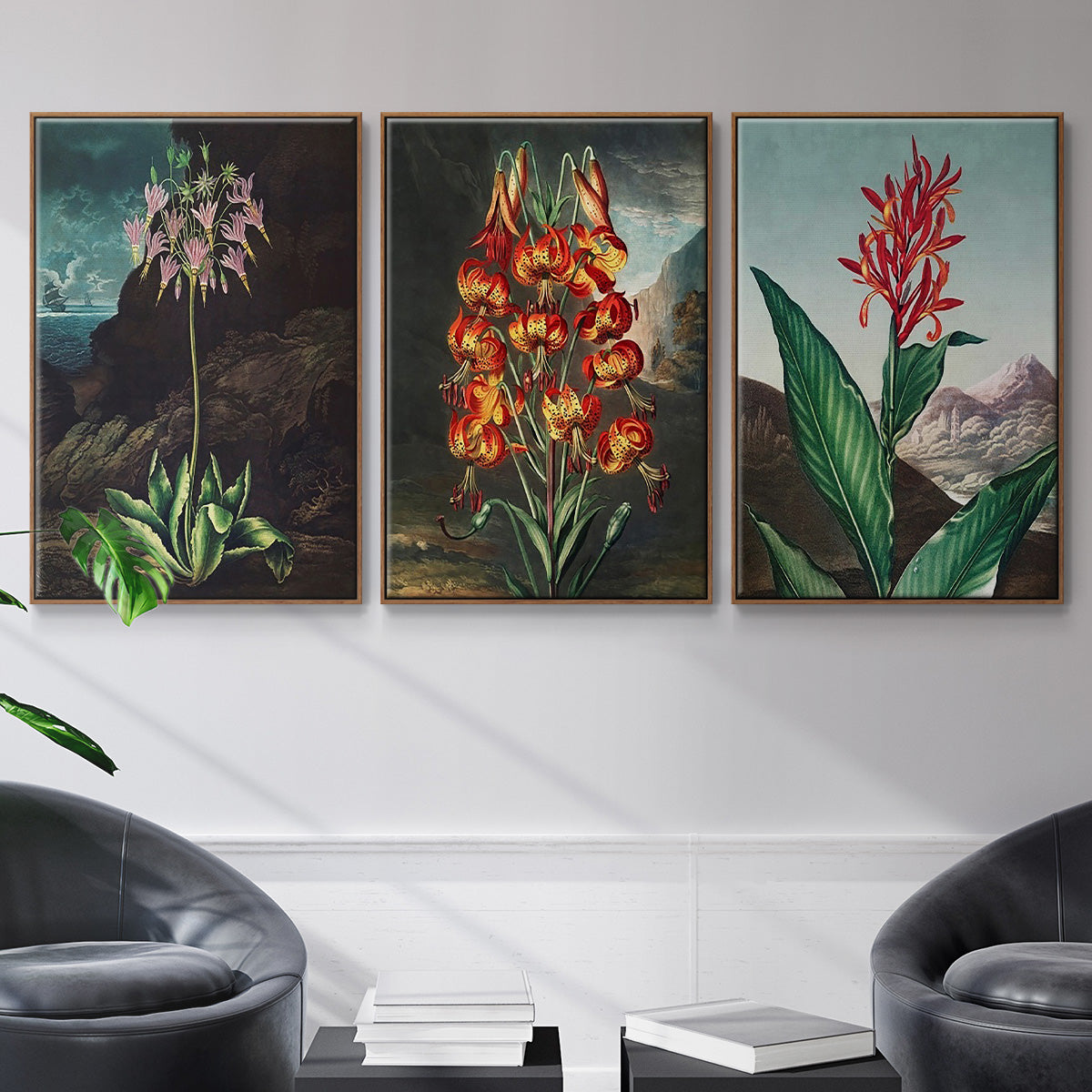 Temple of Flora I - Framed Premium Gallery Wrapped Canvas L Frame 3 Piece Set - Ready to Hang