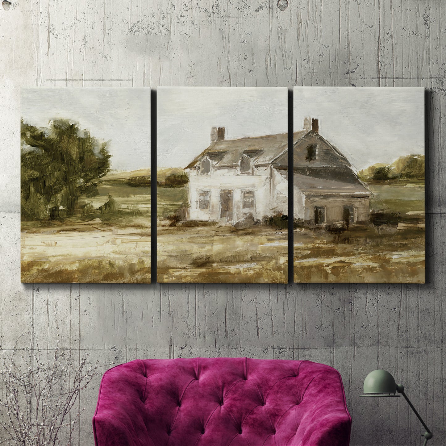 Three-panel canvas wall art featuring rural farmhouse harvest landscape, displayed in a living room above a suede accent chair.