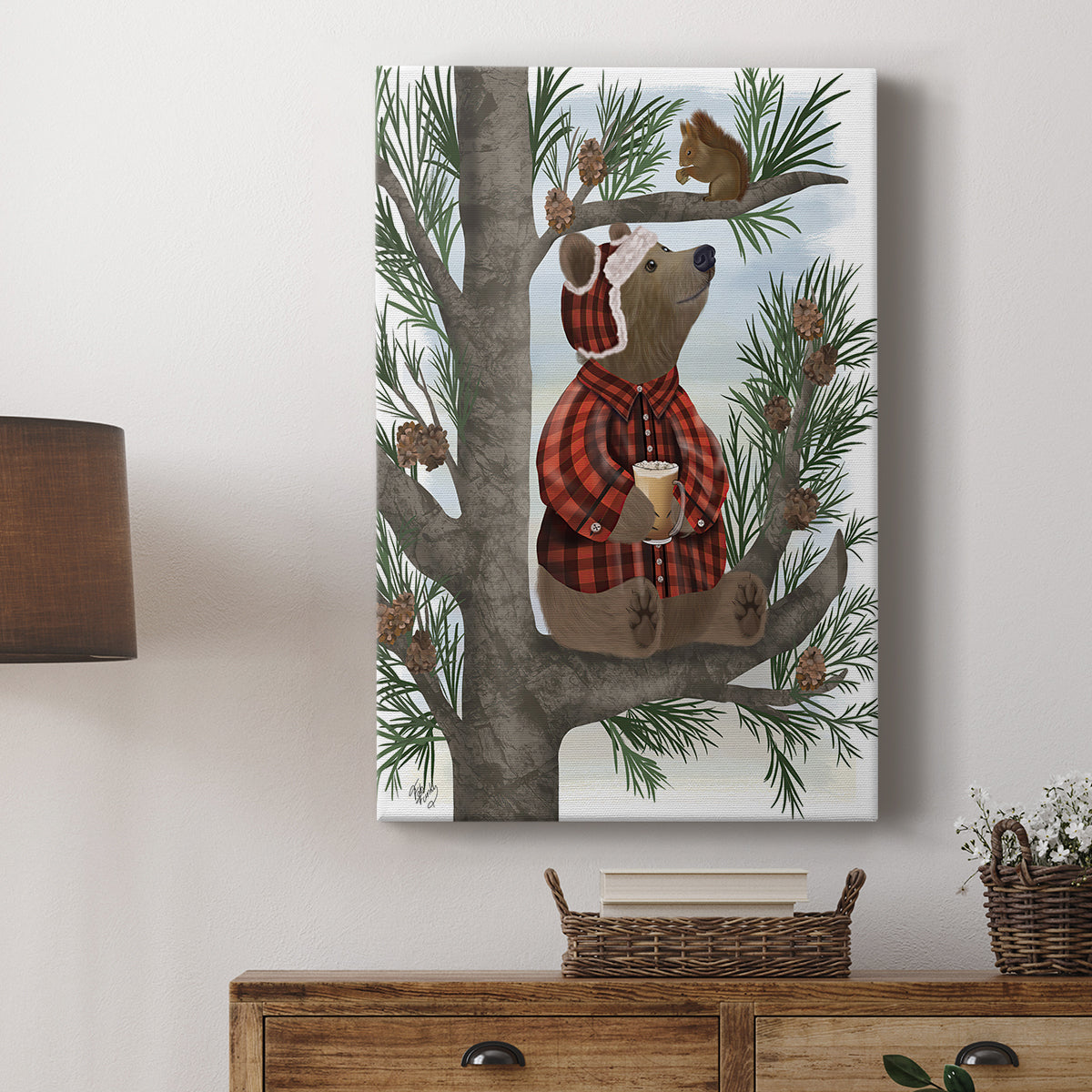 Lumberjack Bear Pine Tree Coffee Break - Canvas Art Print