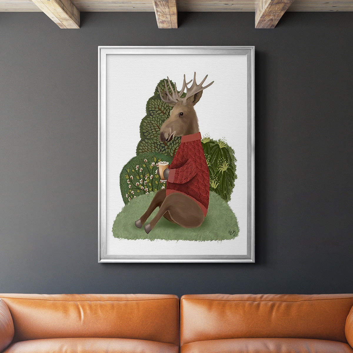 Latte Moose in Sweater - Modern Framed Canvas Print