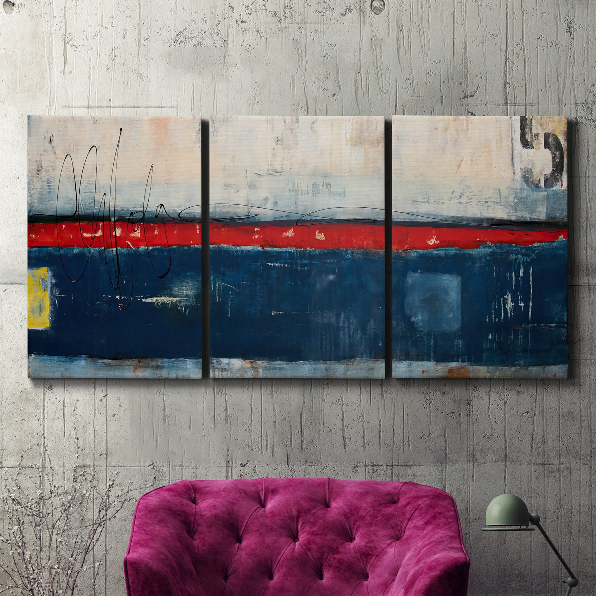 Three-panel canvas wall art featuring weathered coastal dock scene, displayed in a living room above a suede accent chair.