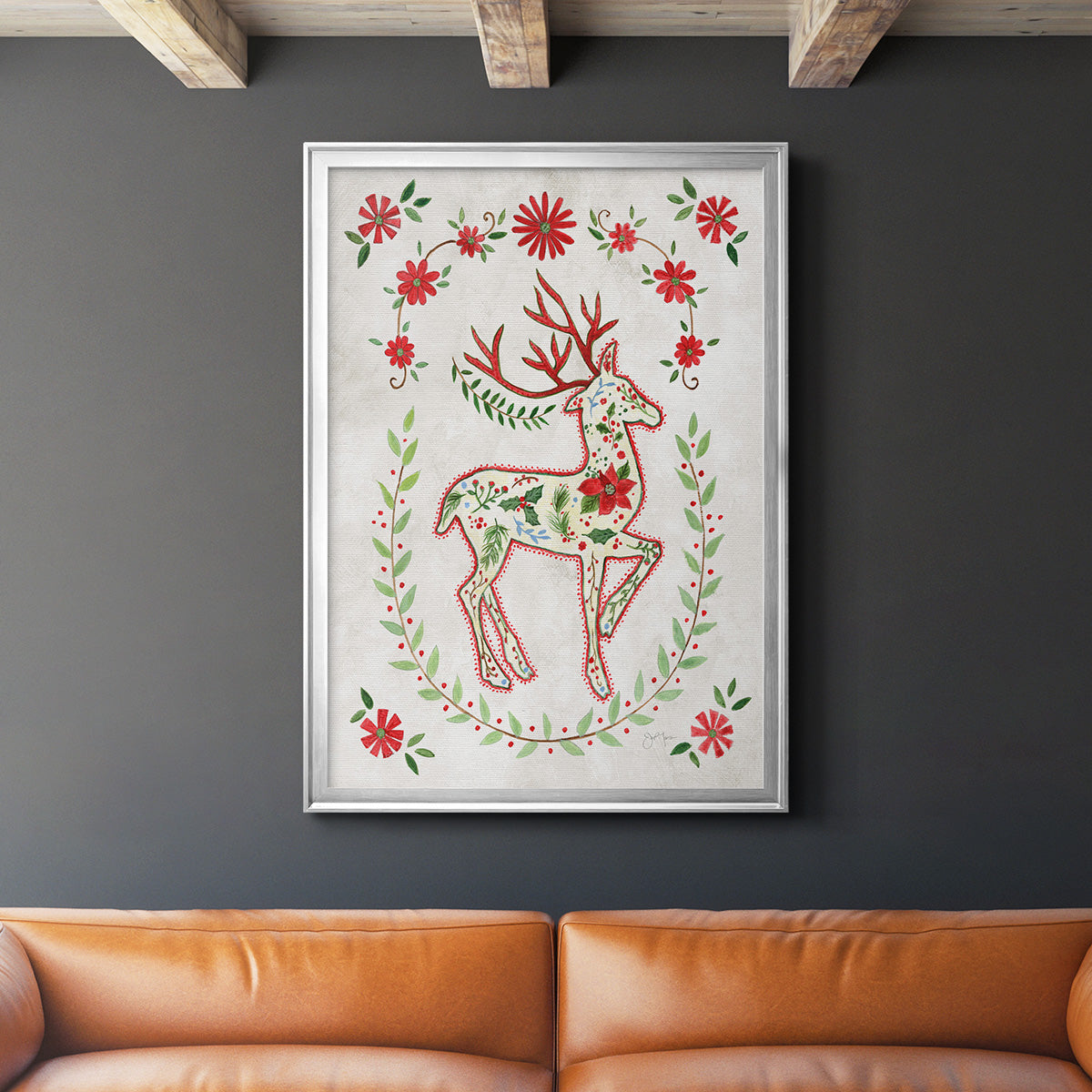 Christmas Folk Reindeer - Modern Framed Canvas Print