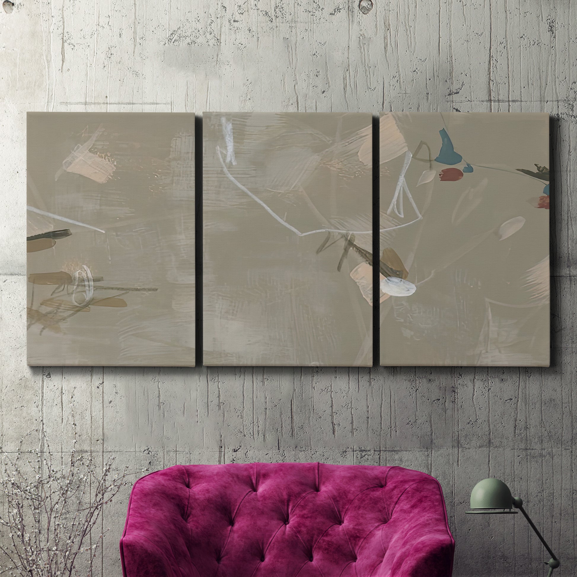 Three-panel canvas wall art featuring mid century terrazzo inspired abstraction, displayed in a living room above a suede accent chair.