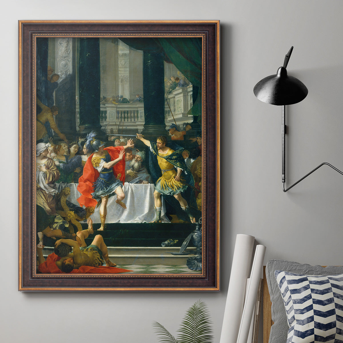 Classical historical painting of Alexander the Great by Donato Creti in an ornate bronzed mahogany wood frame displayed in a neutral interior setting.
