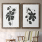 Set of two walnut barnwood framed canvas prints depicting two minimalist botanical prints featuring black leafy vine silhouettes above a sideboard in a cozy sitting room.