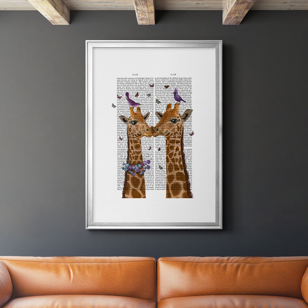 Kissing Giraffes with Birds - Modern Framed Canvas Print