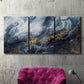 Three-panel canvas wall art featuring soft abstract landscape anticipation tones, displayed in a living room above a suede accent chair.