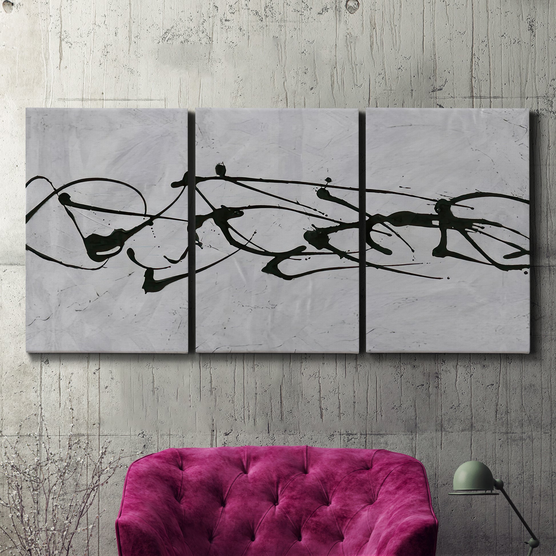 Three-panel canvas wall art featuring minimal abstract frequency lines, displayed in a living room above a suede accent chair.
